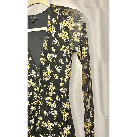 AFRM Tezza Black & Yellow Floral Ruched Mesh Bodycon Midi Dress XS - Picture 7 of 9